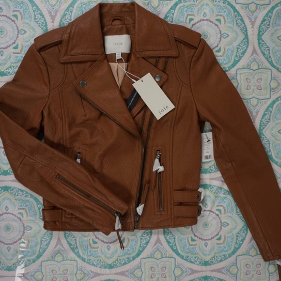 JOIE 100% Lamb Leather Leolani Lamb Leather Cognac Moto Jacket Size XXS $898 NWT - Picture 8 of 11